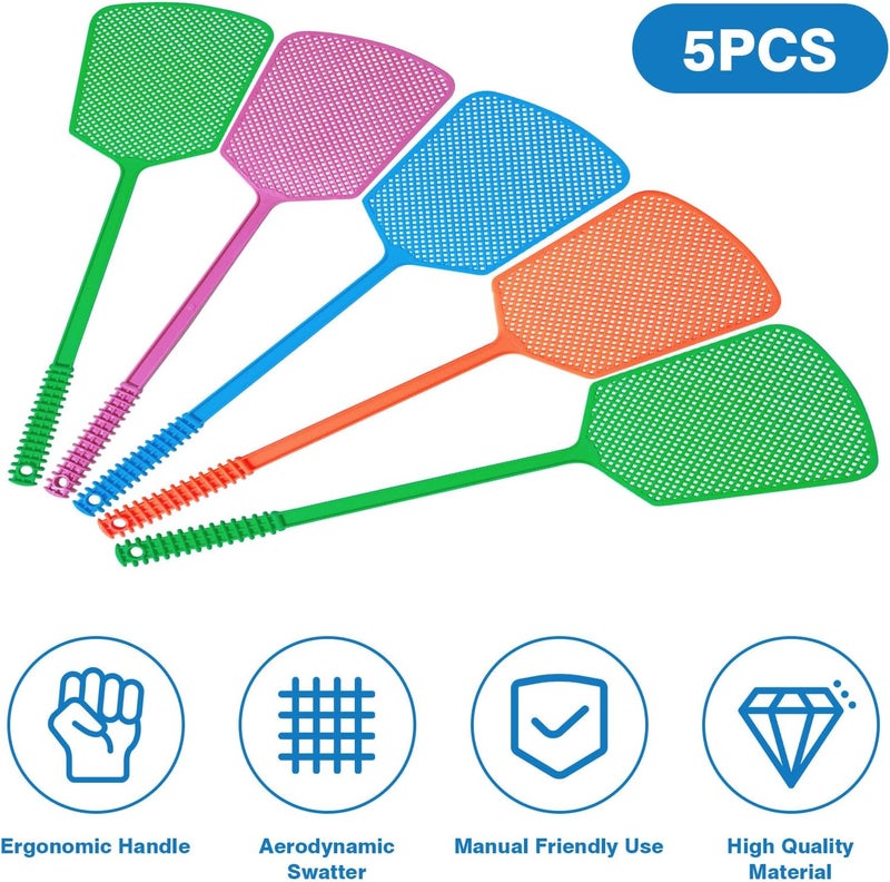 Wapodeai 5 Pack Fly Swatter, Plastic Heavy Duty Manual Fly Killer, Long Handle Flyswatter, Large Bug Swatters, Work for Indoor and Outdoor, Blue Green Pink Orange - Image 5